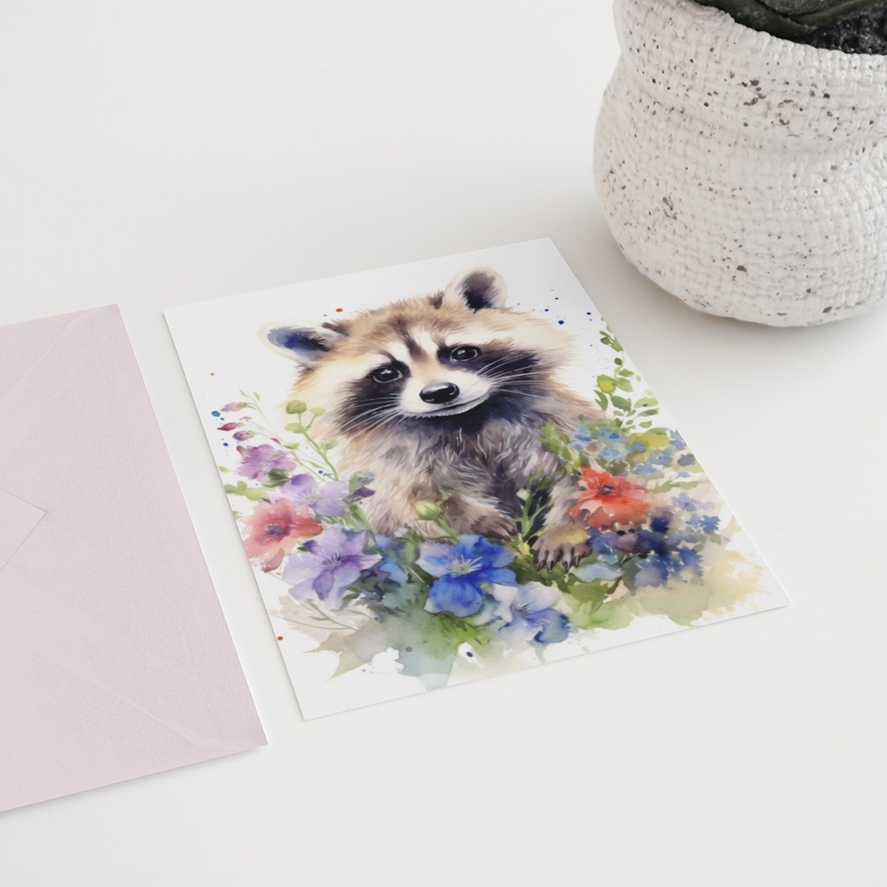 Watercolor Floral Raccoon Wall Art Illustration Print Poster Card Unframed - Picture 6 of 6